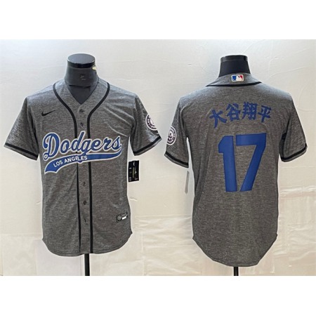 Men's Los Angeles Dodgers #17 Shohei Ohtani Grey Cool Base With Patch Stitched Baseball Jersey