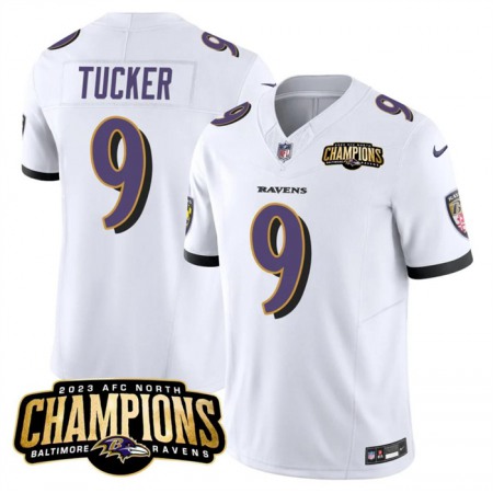 Men's Baltimore Ravens #9 Justin Tucker White 2023 F.U.S.E. AFC North Champions Vapor Limited Football Jersey