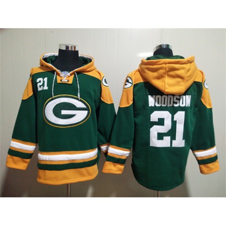 Men's Green Bay Packers #21 Charles Woodson Green Lace-Up Pullover Hoodie