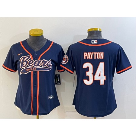 Women's Chicago Bears #34 Walter Payton Navy With Patch Cool Base Stitched Baseball Jersey(Run Small)