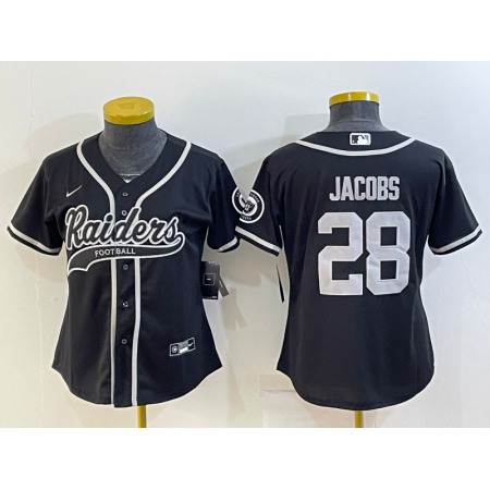 Women's Las Vegas Raiders #28 Josh Jacobs Black With Patch Cool Base Stitched Baseball Jersey(Run Small)