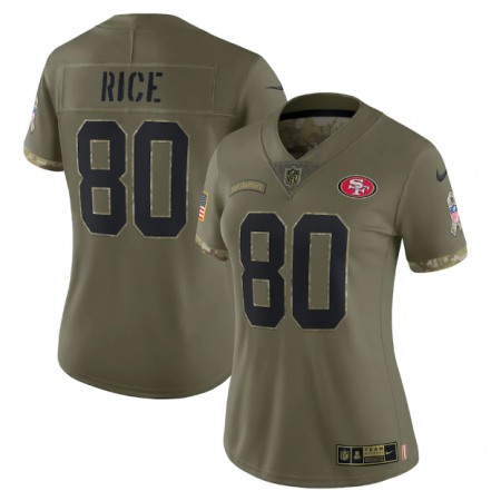 Women's San Francisco 49ers #80 Jerry Rice Olive 2022 Salute To Service Limited Stitched Jersey(Run Small)