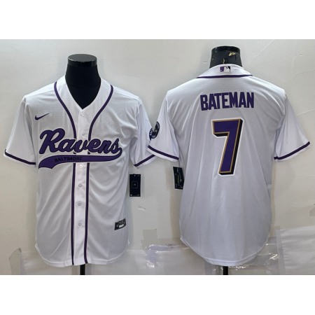 Men's Baltimore Ravens #7 Rashod Bateman White With Patch Cool Base Stitched Baseball Jersey