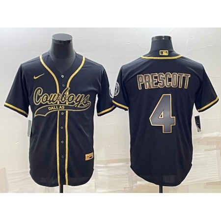 Men's Dallas Cowboys #4 Dak Prescott Black Gold With Patch Cool Base Stitched Baseball Jersey