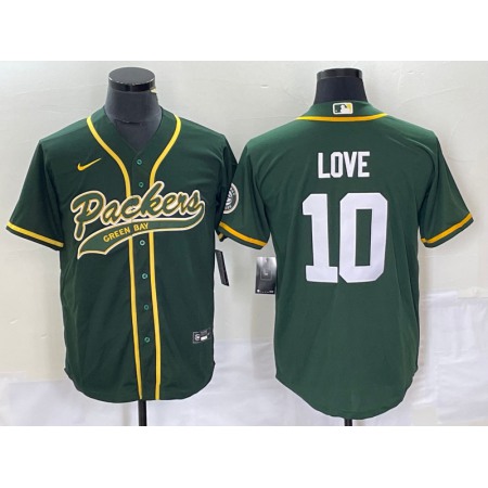 Men's Green Bay Packers #10 Jordan Love Green Cool Base Stitched Baseball Jersey