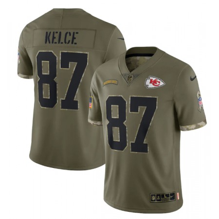 Men's Kansas City Chiefs #87 Travis Kelce Olive 2022 Salute To Service Limited Stitched Jersey