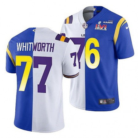 Men's Los Angeles Rams X LSU Tigers #77 Matthew Stafford White/Royal Split Super Bowl LVI Stitched Jersey