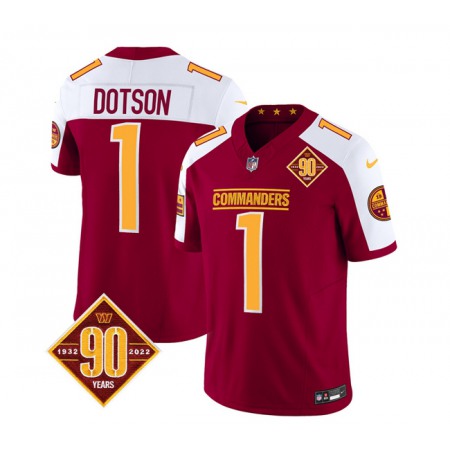 Men's Washington Commanders #1 Jahan Dotson Burgundy/White 2023 F.U.S.E. 90th Anniversary Vapor Limited Stitched Football Jersey