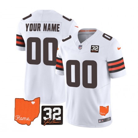 Men's Cleveland Browns Active Player Custom White 2023 F.U.S.E. With Jim Brown Memorial Patch Vapor Untouchable Limited Stitched Jersey