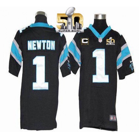 Nike Panthers #1 Cam Newton Black Team Color With C Patch Super Bowl 50 Youth Stitched NFL Elite Jersey