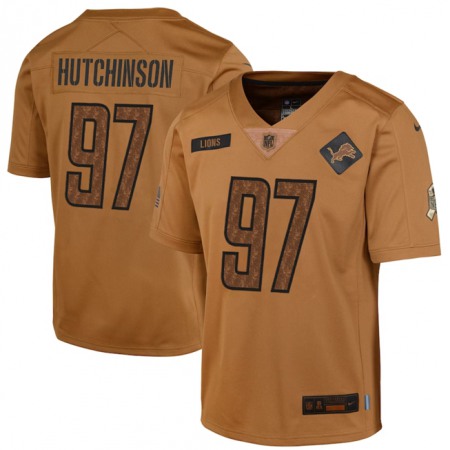 Youth Detroit Lions #97 Aidan Hutchinson 2023 Brown Salute To Service Limited Stitched Football Jersey