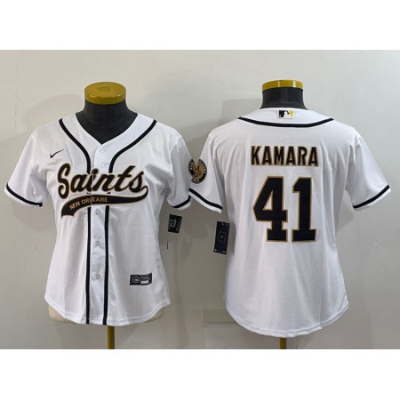 Youth New Orleans Saints #41 Alvin Kamara White With Patch Cool Base Stitched Baseball Jersey