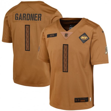 Youth New York Jets #1 Sauce Gardner 2023 Brown Salute To Service Limited Stitched Football Jersey