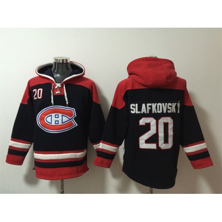 Men's Montreal Canadiens #20 Juraj Slafkovsky Navy/Red Lace-Up Pullover Hoodie