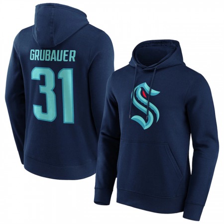 Men's Seattle Kraken #31 Philipp Grubauer Navy Pullover Hoodie