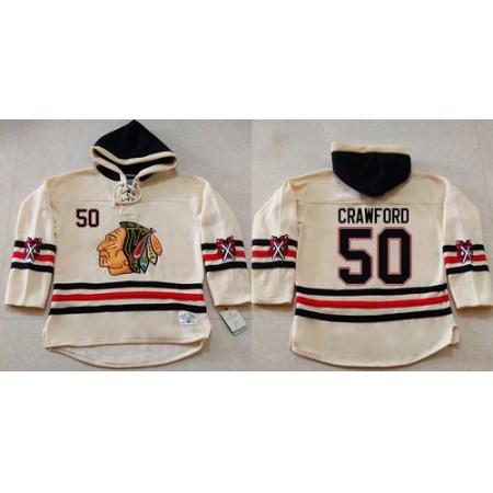 Blackhawks #50 Corey Crawford Cream Heavyweight Pullover Hoodie Stitched NHL Jersey