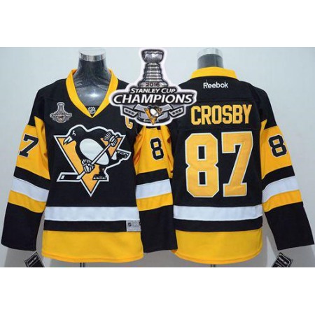 Penguins #87 Sidney Crosby Black 2016 Stanley Cup Champions Stitched Youth NHL Jersey