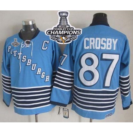 Penguins #87 Sidney Crosby Light Blue CCM Throwback 2016 Stanley Cup Champions Stitched NHL Jersey