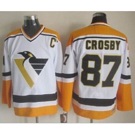 Penguins #87 Sidney Crosby White/Yellow CCM Throwback Stitched NHL Jersey