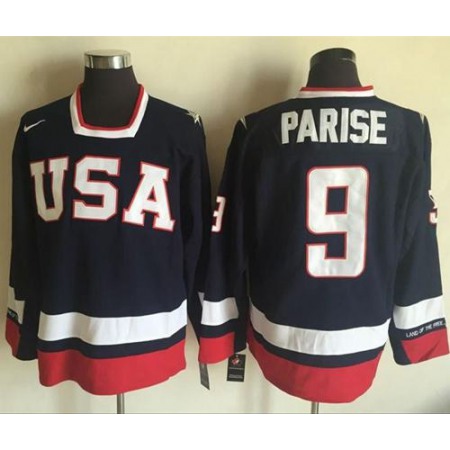 Team USA #9 Zach Parise Navy Blue 2010 Olympic 1960 Throwback Stitched NHL Jersey