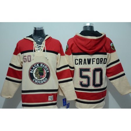 Blackhawks #50 Corey Crawford Cream Sawyer Hooded Sweatshirt Stitched NHL Jersey