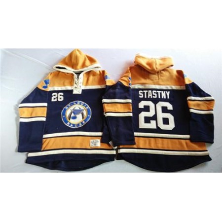 Blues #26 Paul Stastny Navy Blue/Gold Sawyer Hooded Sweatshirt Stitched NHL Jersey